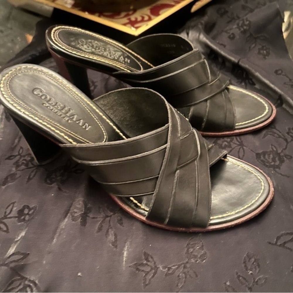 Cole Haan Country 6 B Sandals Heels Black Leather